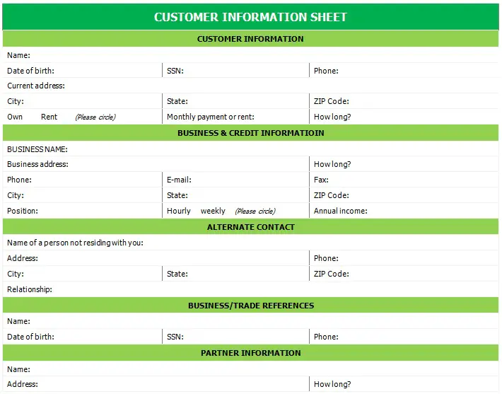 Free Printable Customer Information Sheet