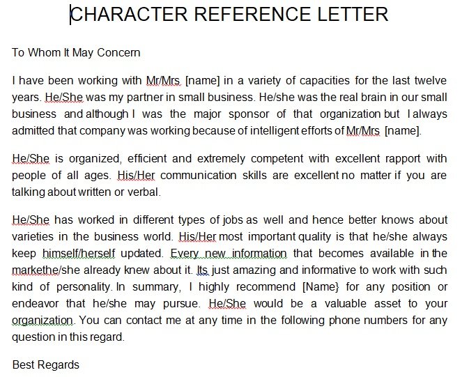 Friend Character Reference Example