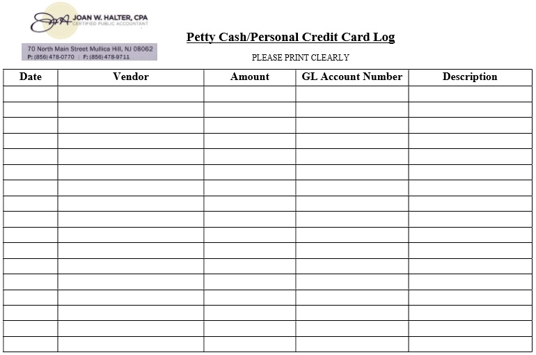 petty cash credit card log