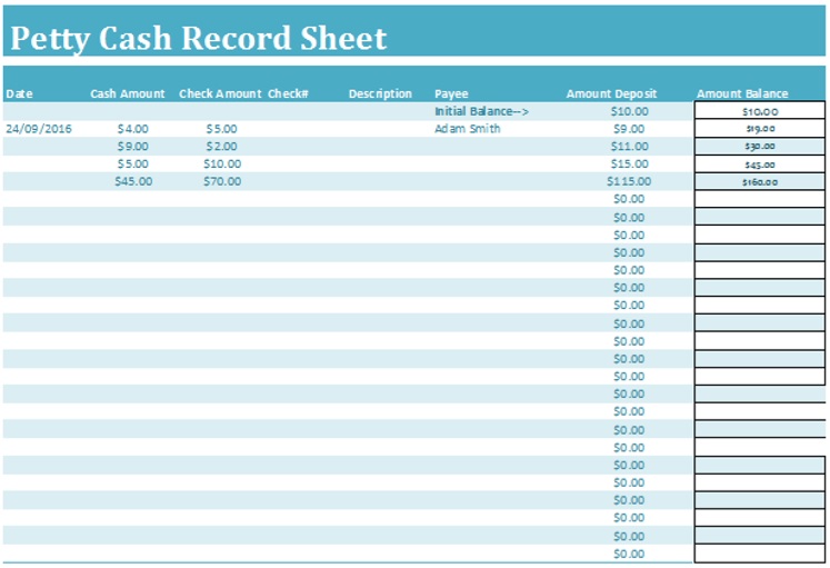 petty cash record sheet