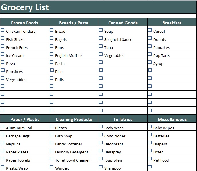 editable grocery list spreadsheet