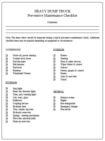 Maintenance Checklist Template 12 Download Samples Examples Free