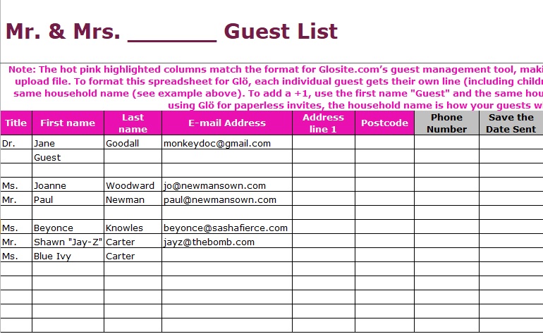 wedding guest list spreadsheet