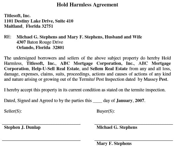 Real Estate Hold Harmless Agreement