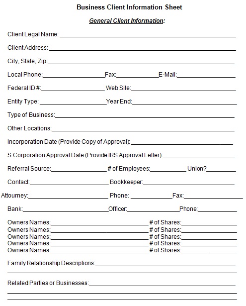 business client information sheet