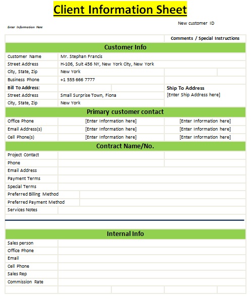 client info sheet template