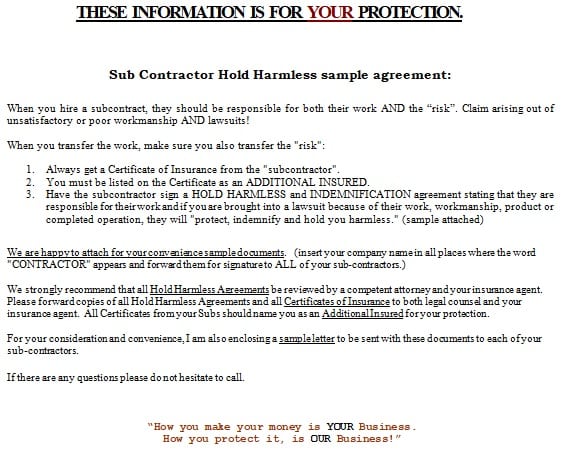 contractor hold harmless agreement template