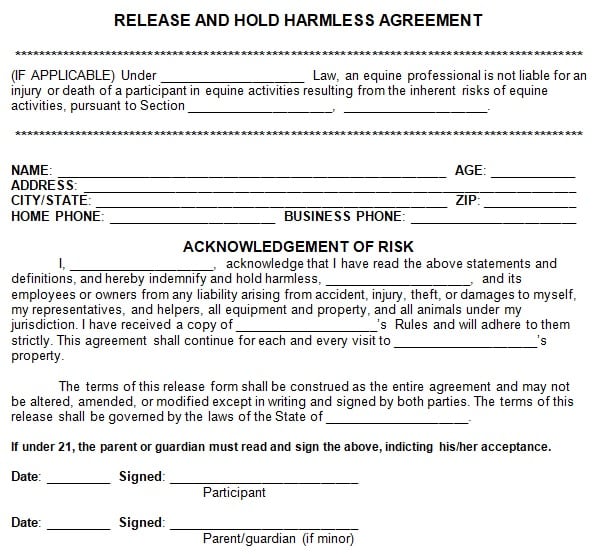 free hold harmless agreement word doc