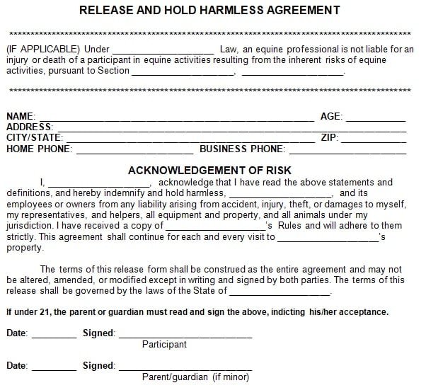 release and hold harmless agreement