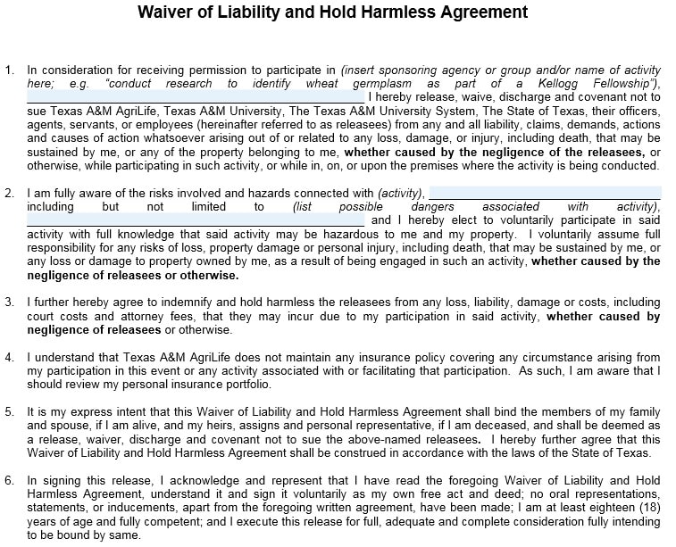 waiver of liability and hold harmless agreement