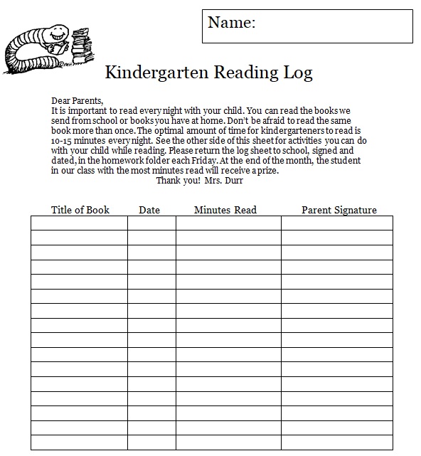 Kindergarten reading log template