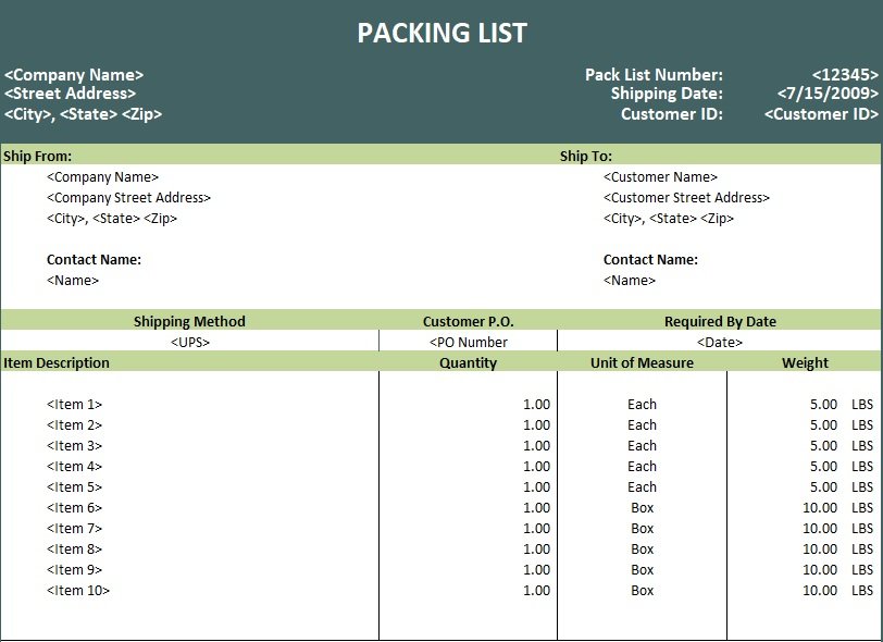 excel packing list template