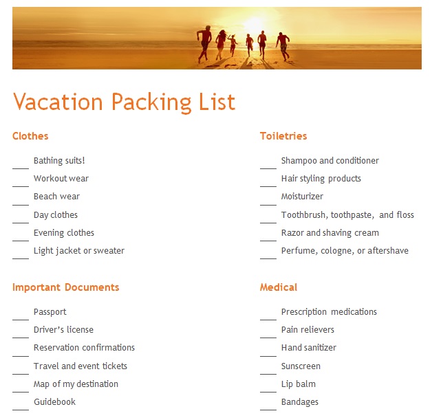 travel packing list template
