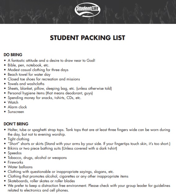 standard student packing list template