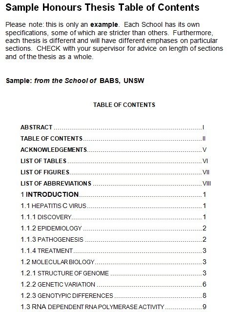 table of contents in thesis paper