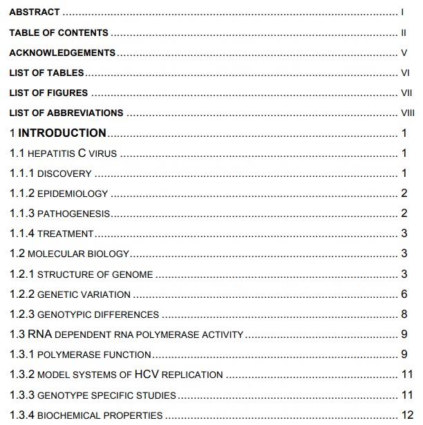 thesis table of contents template word