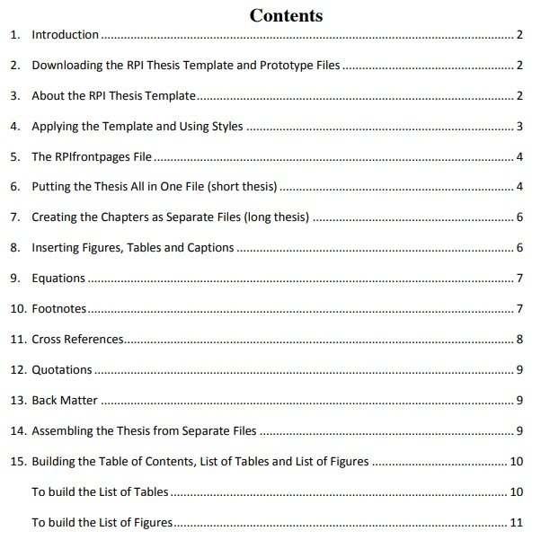 table of contents word thesis