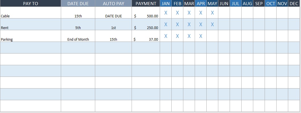 bill pay calendar printable