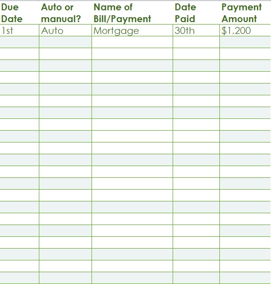 monthly bill pay template