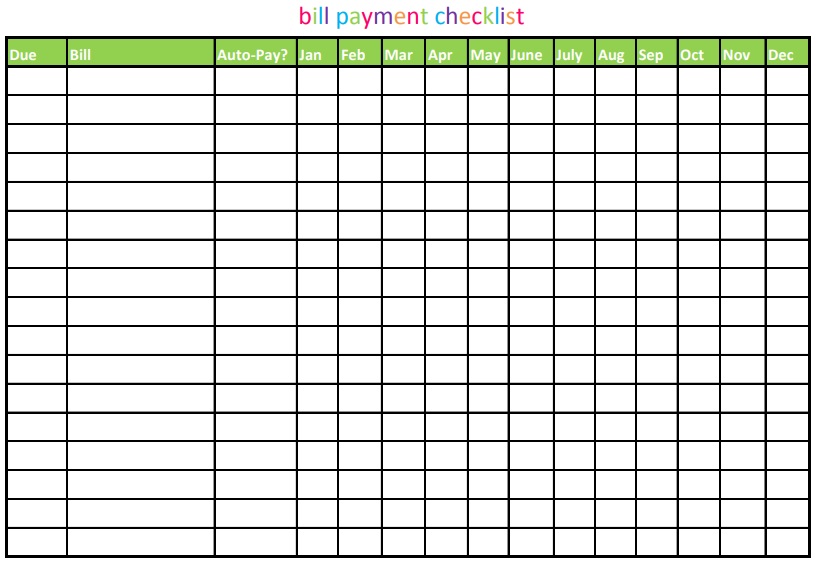 free bill payment checklist template