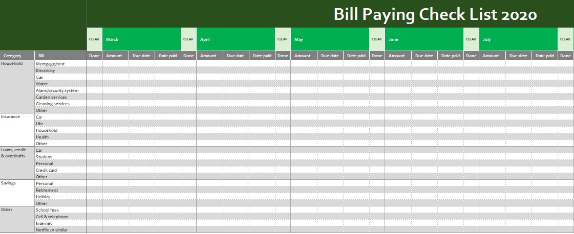 checklist list of bills to pay