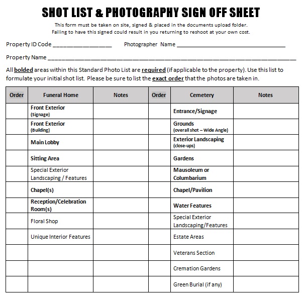 shot list & photography sign off sheet template