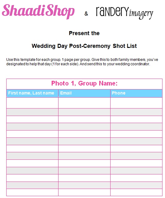 wedding day post-ceremony shot list template