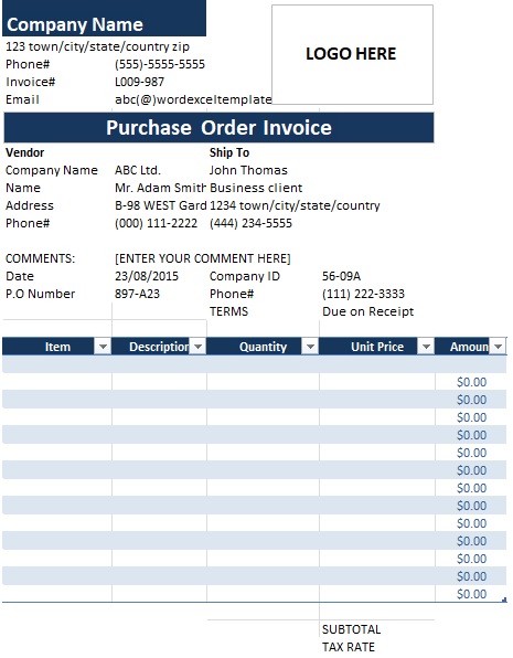 purchase order template excel