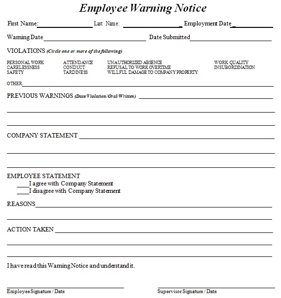 Employee Warning Notice Form 30 Free Templates Download