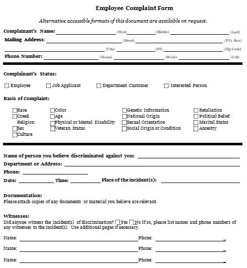 employee complaint form sample
