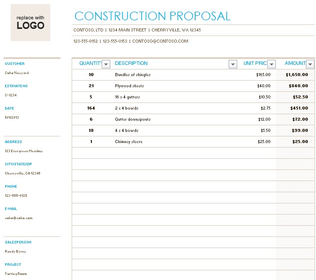 construction bid proposal template excel