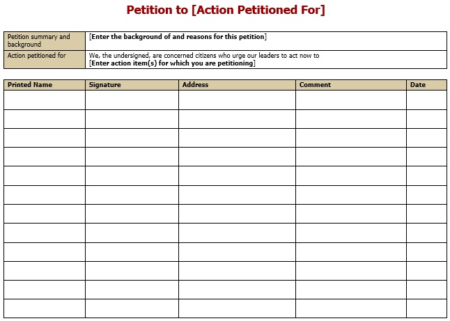 petition sheet template