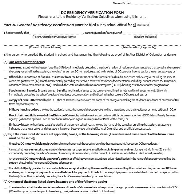 dc residency verification form
