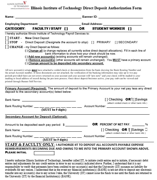 Illinois institute of technology direct deposit authorization form