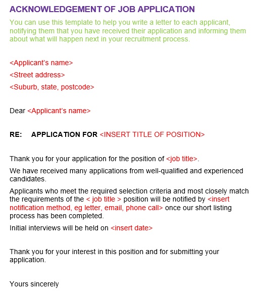 acknowledgement of job application letter