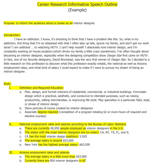 career research informative speech outline template