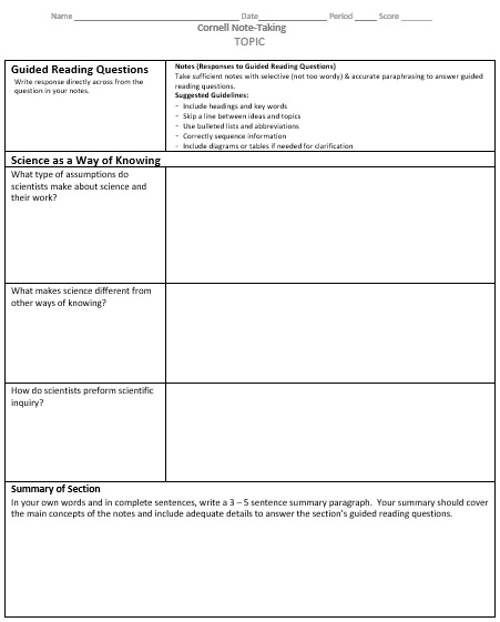 cornell note-taking system template