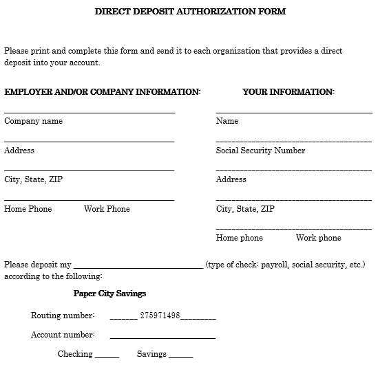 direct deposit authorization form template