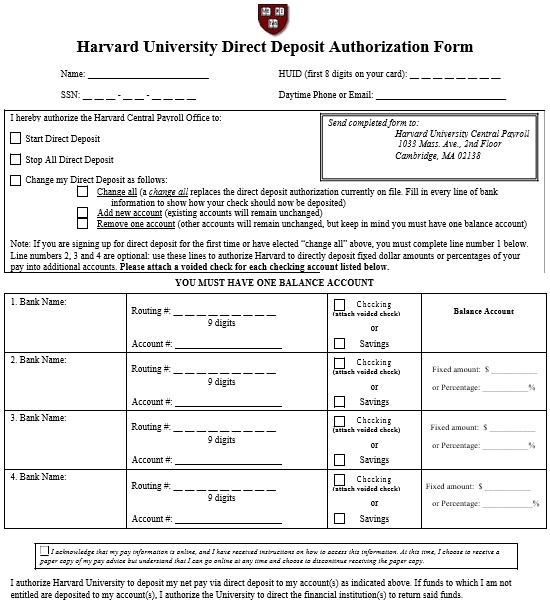 harvard university direct deposit authorization form