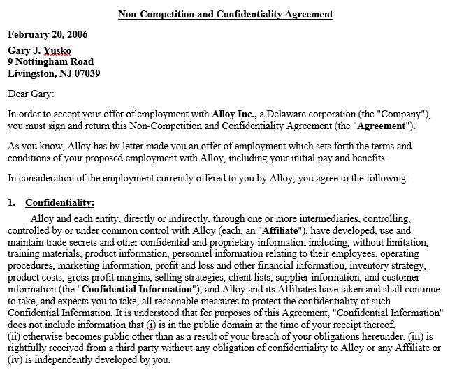 non competition and confidentiality agreement template