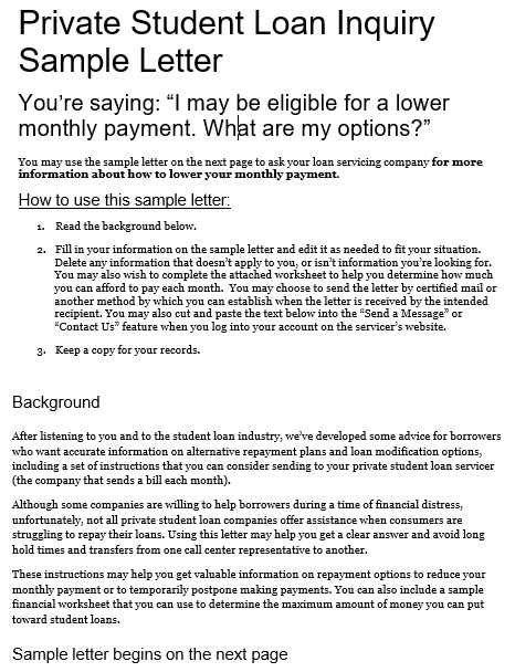 private student loan inquiry sample letter sample