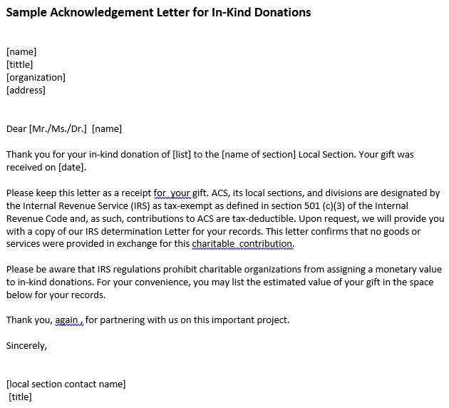 sample acknowledgement letter for in-kind donation