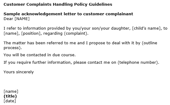 sample acknowledgement letter to customer complaint