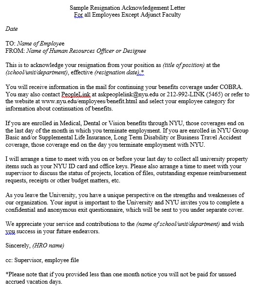 sample resignation acknowledgement letter