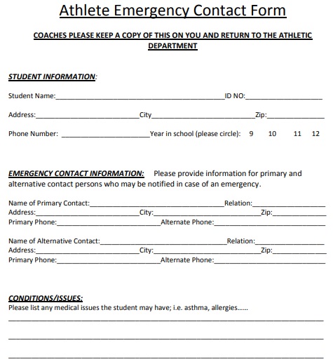 athlete emergency contact form pdf