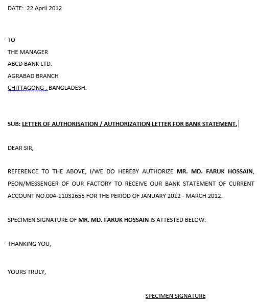 authorization letter for bank statement