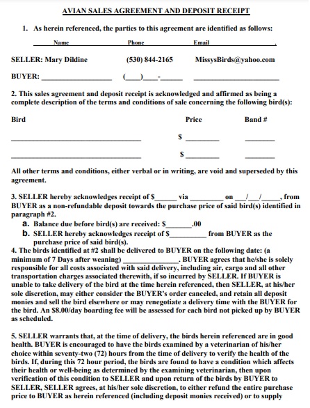 avian sales agreement and deposit receipt template