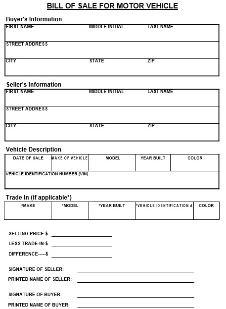 bill of sale for motor vehicle template