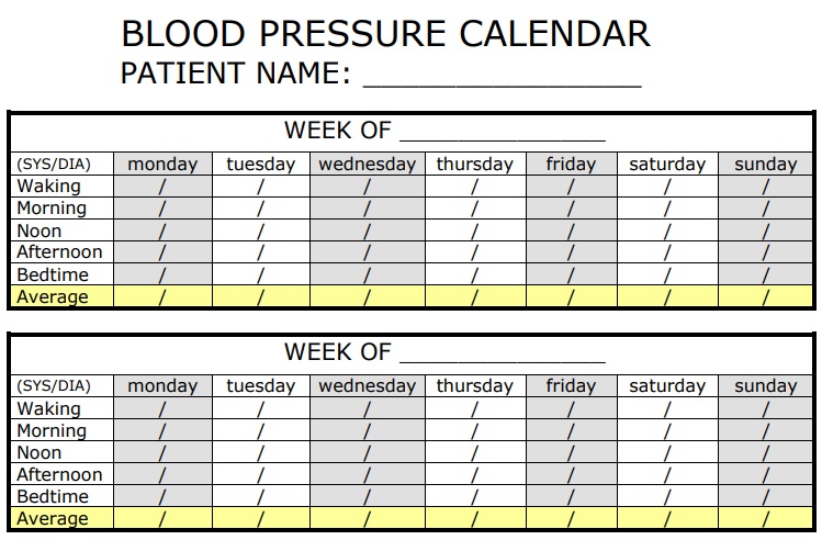 blood pressure calendar template