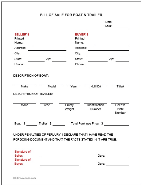 boat and trailer bill of sale form template